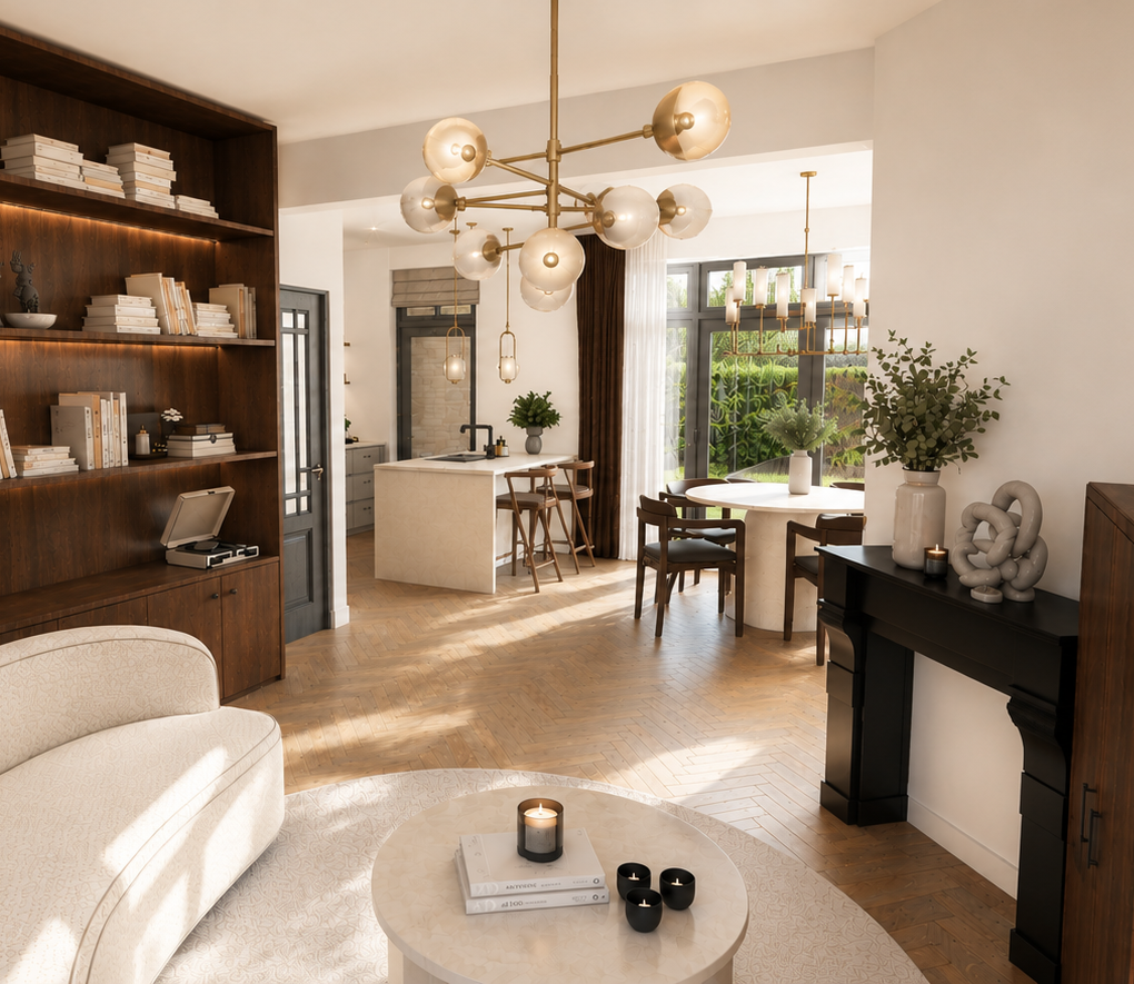 Woon- en eetkamer in een woningvisualisatie
