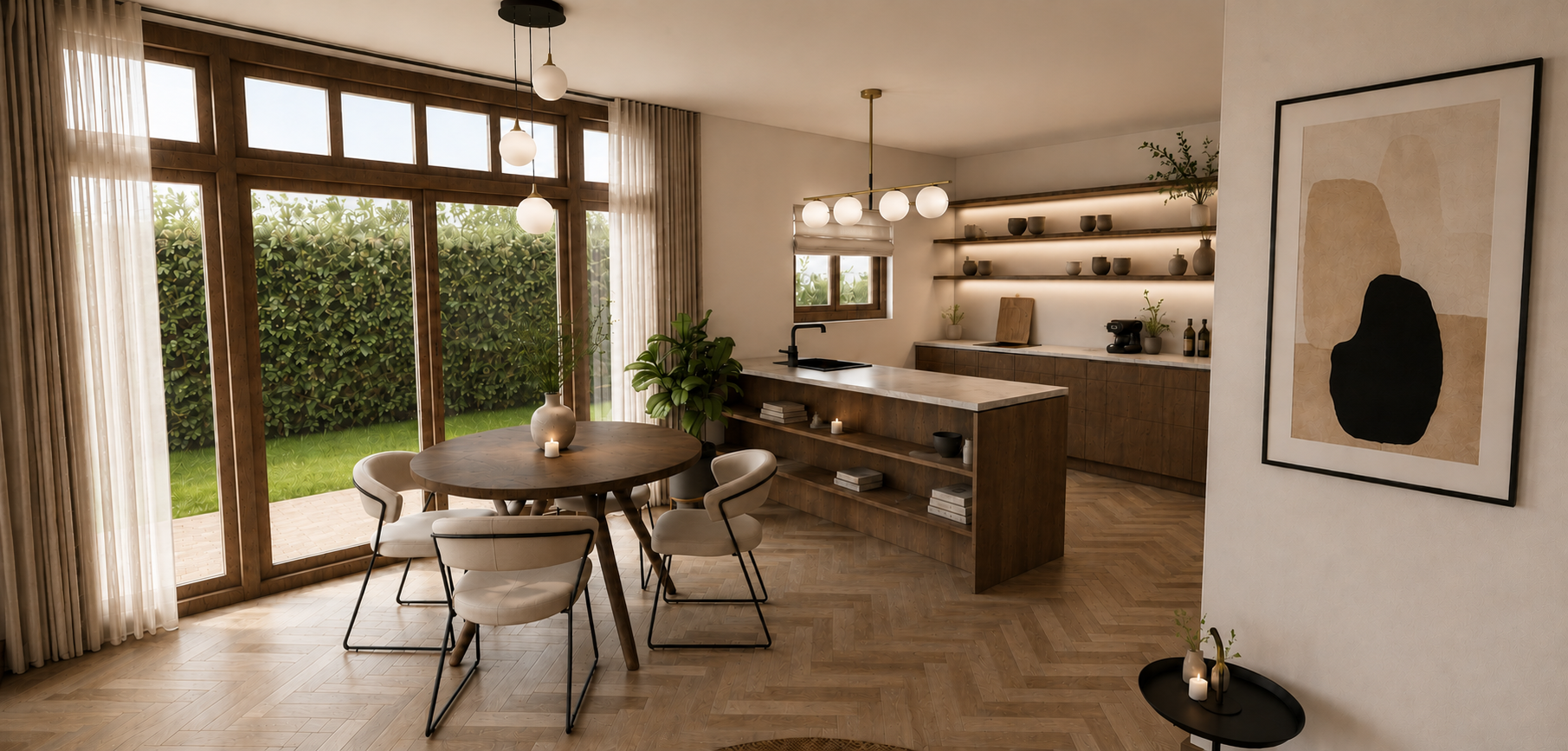 Keuken en eethoek in een woningvisualisatie