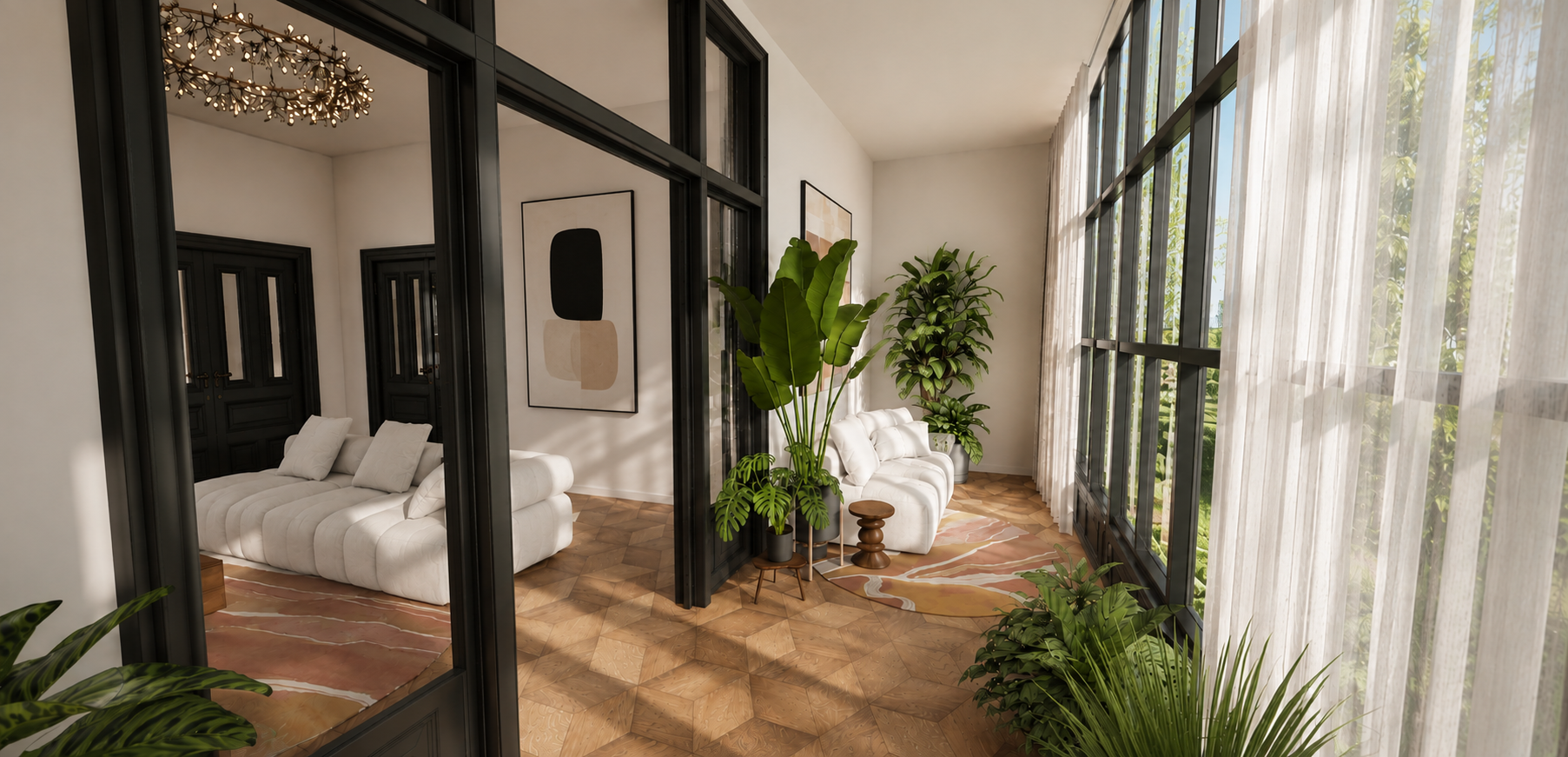 Serre met zithoek in een woningvisualisatie