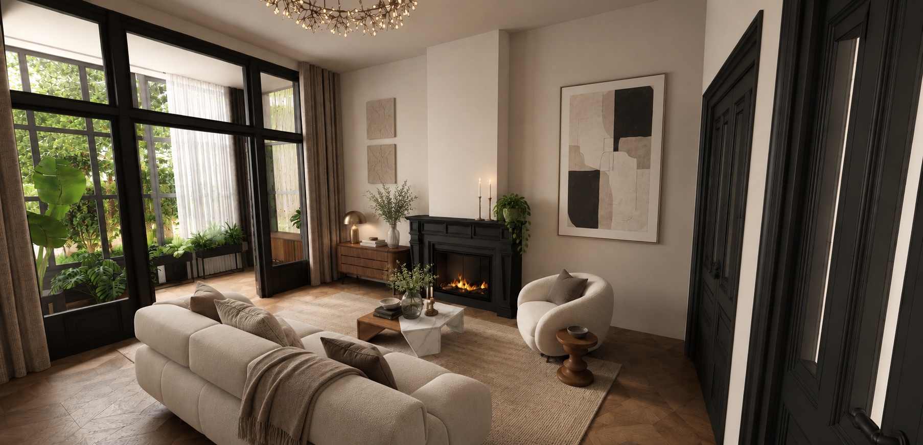 Woningvisualisatie van een serre met zithoek